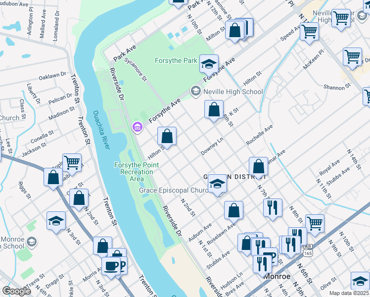 map of restaurants, bars, coffee shops, grocery stores, and more near 406 K Street in Monroe