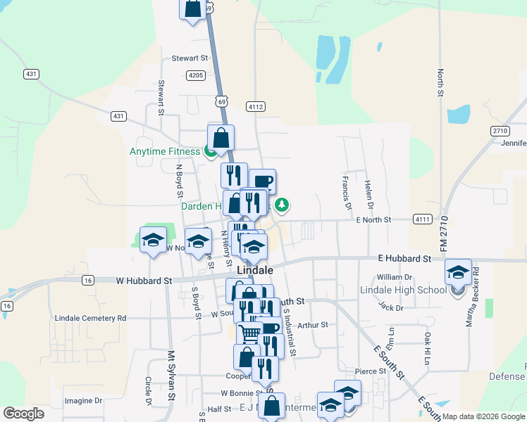 map of restaurants, bars, coffee shops, grocery stores, and more near 75 Miranda Lambert Way in Lindale