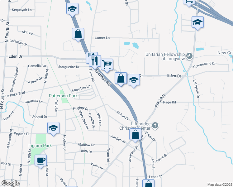 map of restaurants, bars, coffee shops, grocery stores, and more near 1507 North Eastman Road in Longview