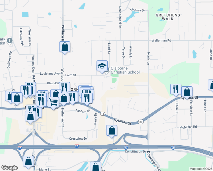 map of restaurants, bars, coffee shops, grocery stores, and more near 173 Betty Lane in West Monroe