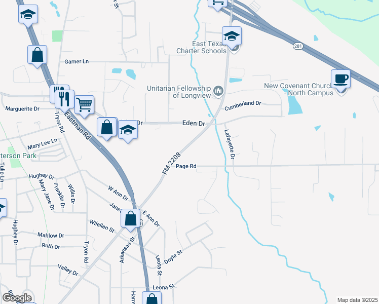 map of restaurants, bars, coffee shops, grocery stores, and more near 2120 Farm to Market Road 2208 in Longview