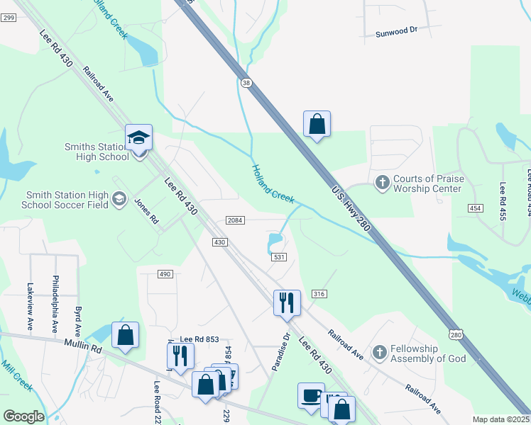 map of restaurants, bars, coffee shops, grocery stores, and more near 153 Lee Road 2084 in Smiths Station