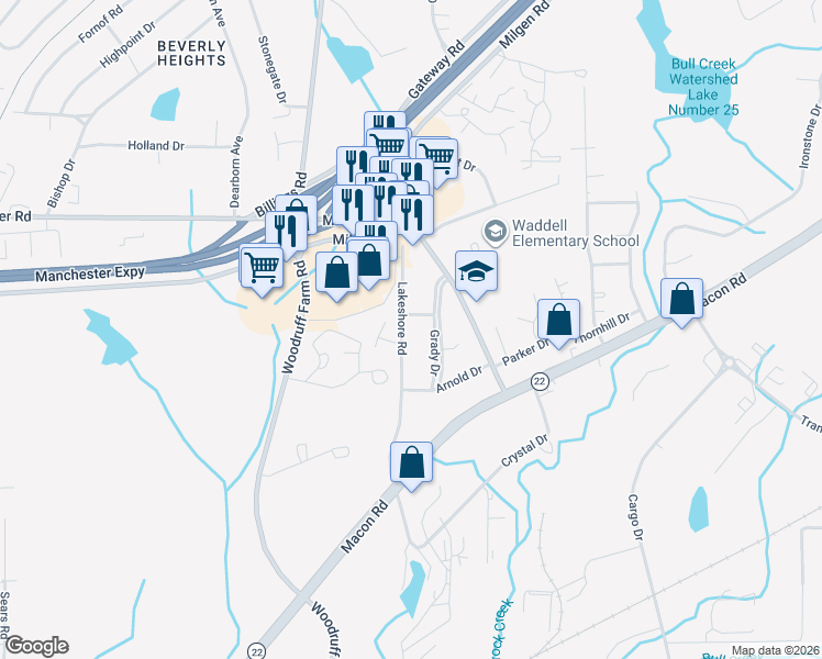 map of restaurants, bars, coffee shops, grocery stores, and more near 5310 Lakeshore Road in Columbus