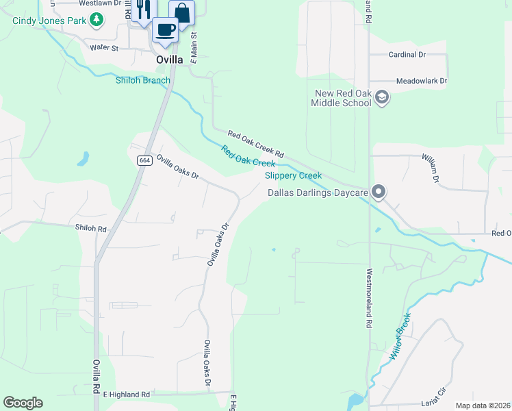 map of restaurants, bars, coffee shops, grocery stores, and more near 604 Creek View Circle in Ovilla