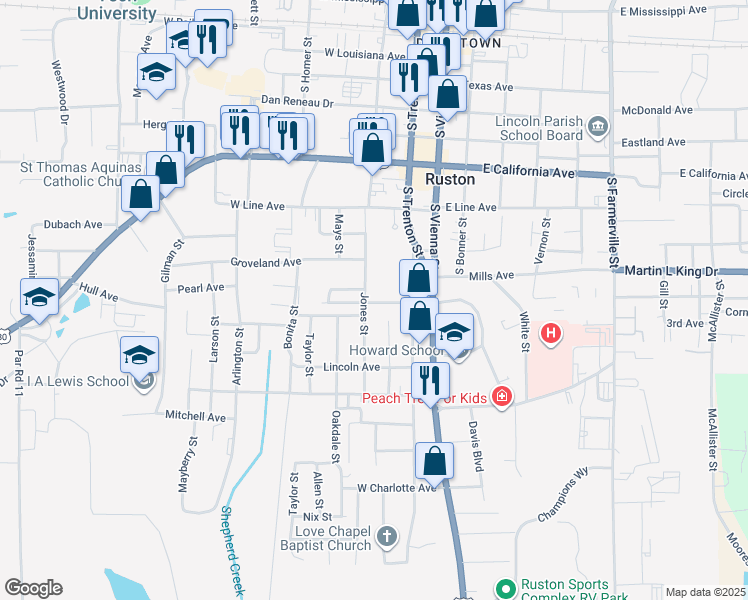 map of restaurants, bars, coffee shops, grocery stores, and more near 929 Jones Street in Ruston