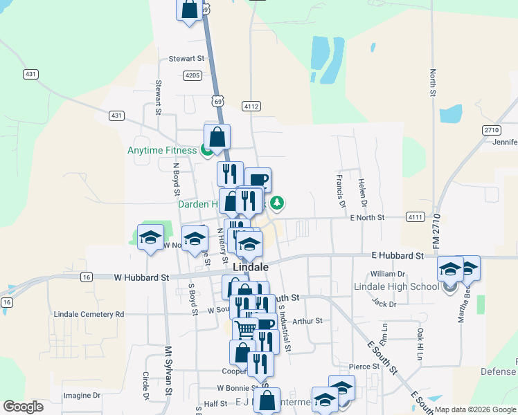 map of restaurants, bars, coffee shops, grocery stores, and more near 75 Miranda Lambert Way in Lindale