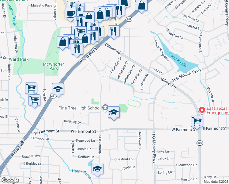map of restaurants, bars, coffee shops, grocery stores, and more near 1501 Springdale Street in Longview