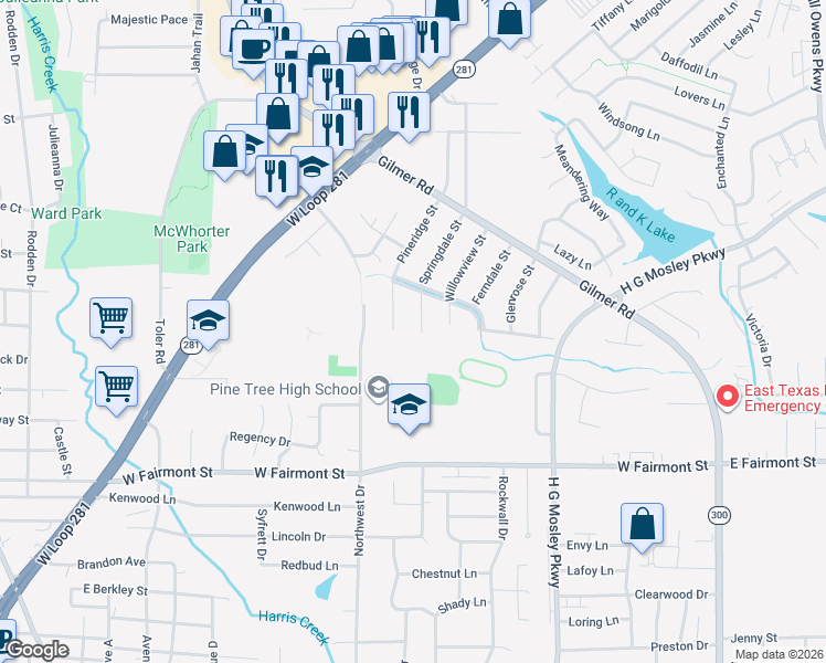 map of restaurants, bars, coffee shops, grocery stores, and more near 1501 Springdale Street in Longview