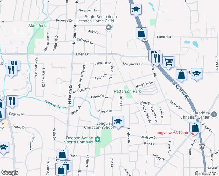 map of restaurants, bars, coffee shops, grocery stores, and more near 1808 North 10th Street in Longview
