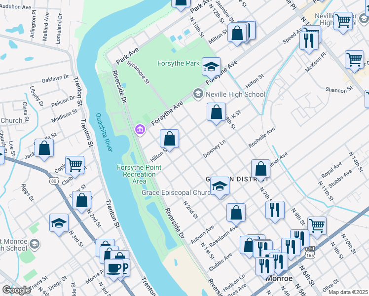 map of restaurants, bars, coffee shops, grocery stores, and more near 406 K Street in Monroe