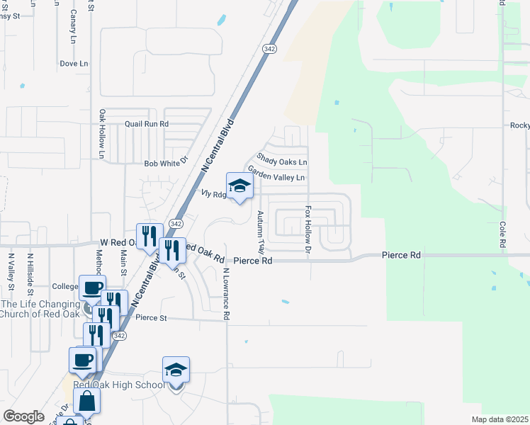 map of restaurants, bars, coffee shops, grocery stores, and more near 126 Autumn Trail in Red Oak