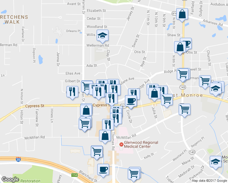 map of restaurants, bars, coffee shops, grocery stores, and more near 807 Splane Drive in West Monroe