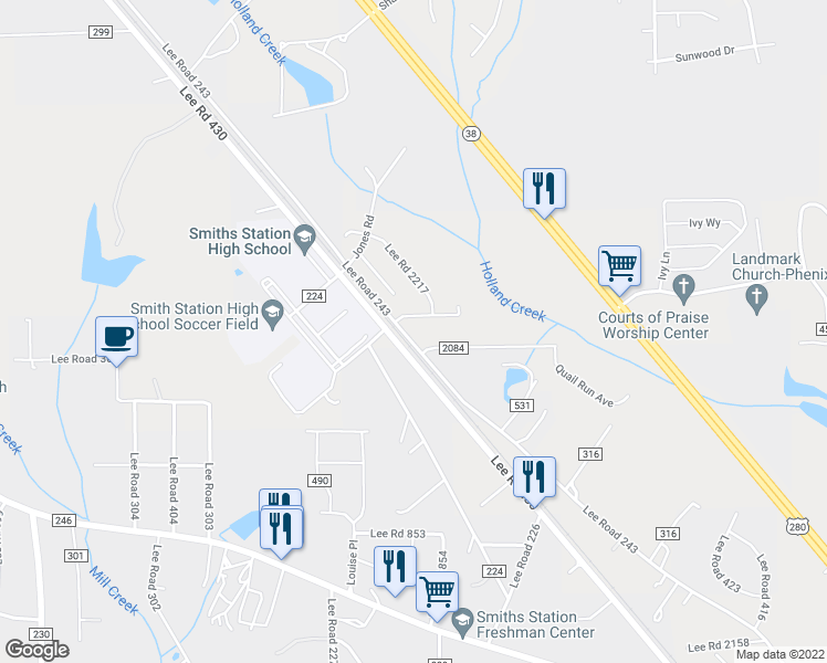 map of restaurants, bars, coffee shops, grocery stores, and more near 1182 Lee Road 243 in Smiths Station