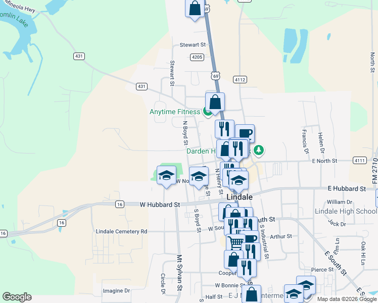 map of restaurants, bars, coffee shops, grocery stores, and more near 407 North Boyd Street in Lindale