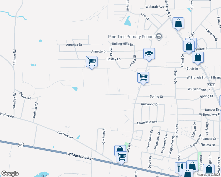 map of restaurants, bars, coffee shops, grocery stores, and more near 1200 Spring Street in Longview