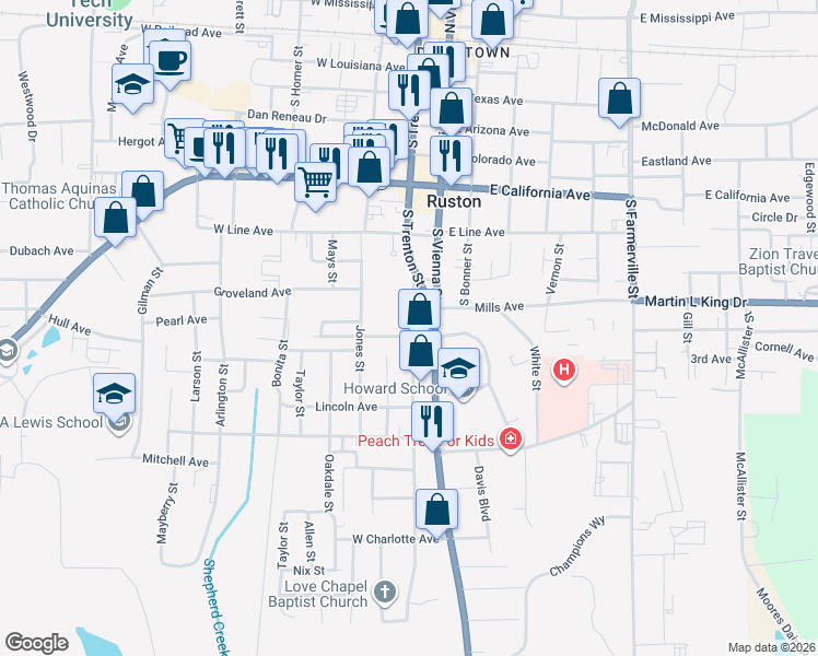 map of restaurants, bars, coffee shops, grocery stores, and more near 916 South Trenton Street in Ruston
