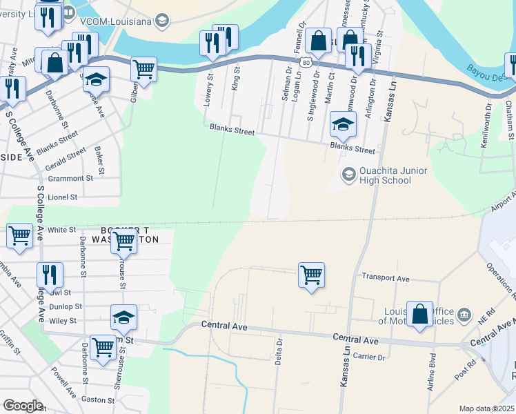 map of restaurants, bars, coffee shops, grocery stores, and more near 304 Selman Drive in Monroe