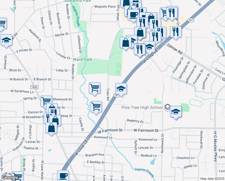 map of restaurants, bars, coffee shops, grocery stores, and more near 2101 Texas 281 Loop in Longview