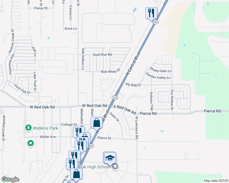 map of restaurants, bars, coffee shops, grocery stores, and more near 307 North Central Boulevard in Red Oak