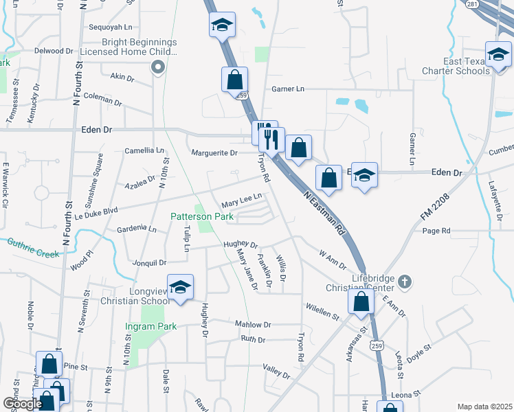 map of restaurants, bars, coffee shops, grocery stores, and more near 1413 Robbinwood Court in Longview