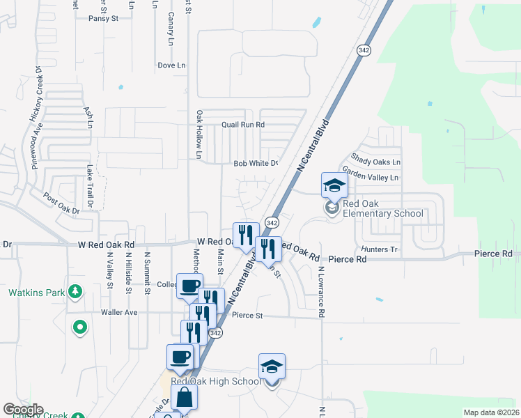 map of restaurants, bars, coffee shops, grocery stores, and more near 307 North Central Boulevard in Red Oak