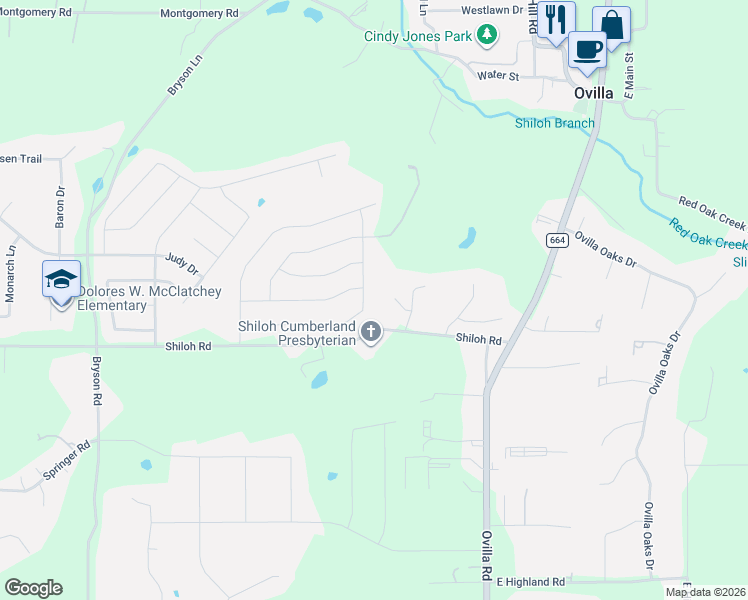 map of restaurants, bars, coffee shops, grocery stores, and more near 233 Williamsburg Lane in Red Oak