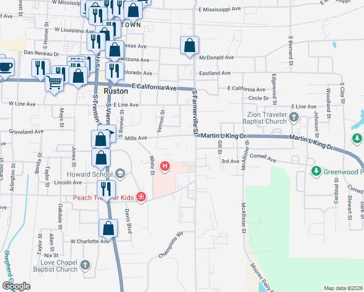 map of restaurants, bars, coffee shops, grocery stores, and more near 401 2nd Street in Ruston