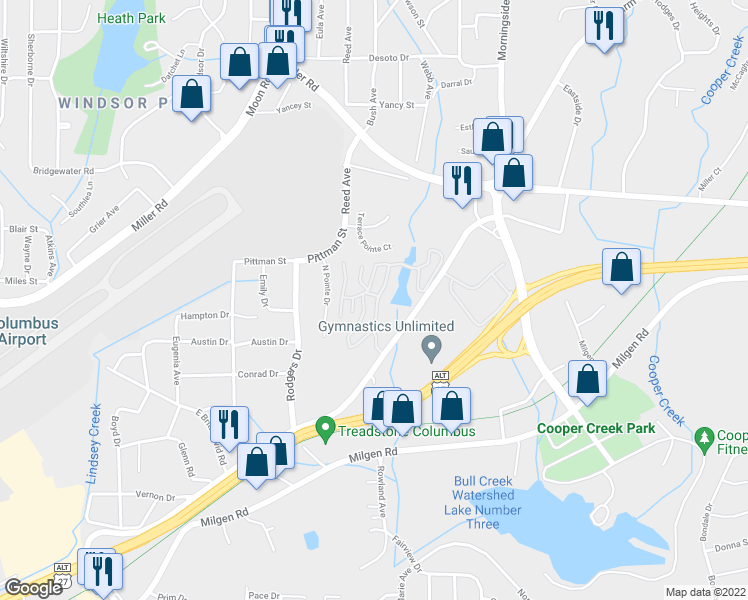 map of restaurants, bars, coffee shops, grocery stores, and more near 4343 Warm Springs Road in Columbus