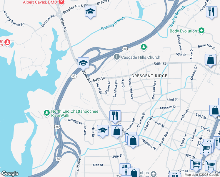 map of restaurants, bars, coffee shops, grocery stores, and more near 5336 Gibney Drive in Columbus