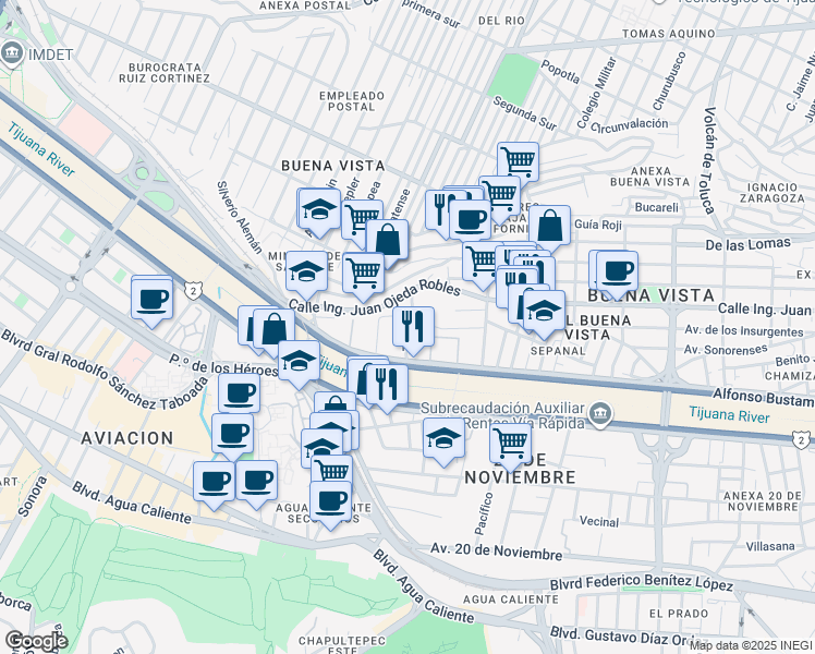 map of restaurants, bars, coffee shops, grocery stores, and more near Tamayo in Tijuana