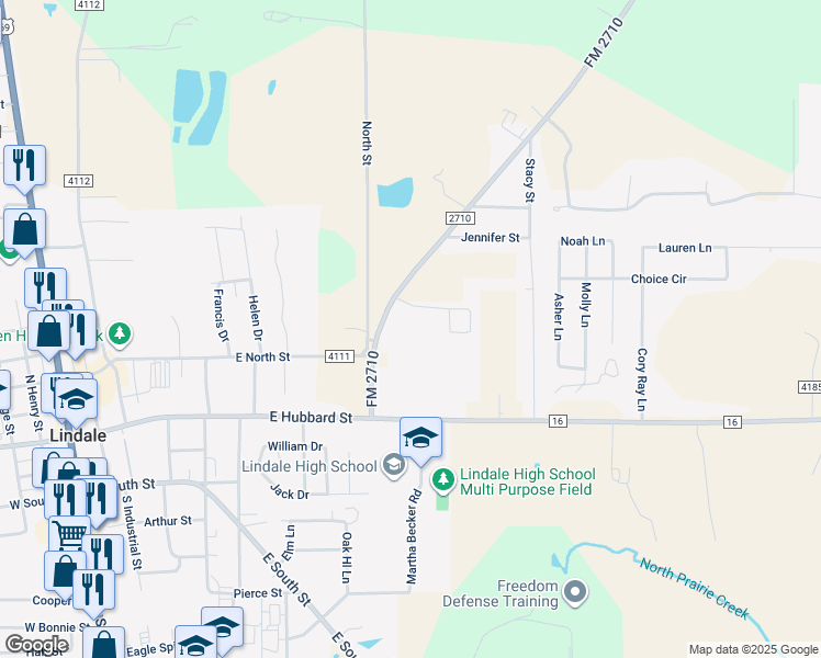 map of restaurants, bars, coffee shops, grocery stores, and more near 13949 Farm to Market Road 2710 in Lindale