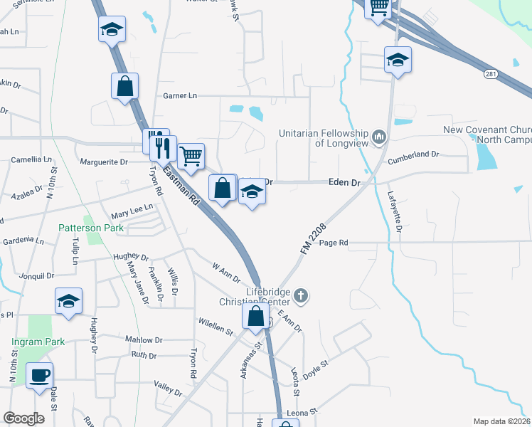 map of restaurants, bars, coffee shops, grocery stores, and more near 1644 North Eastman Road in Longview