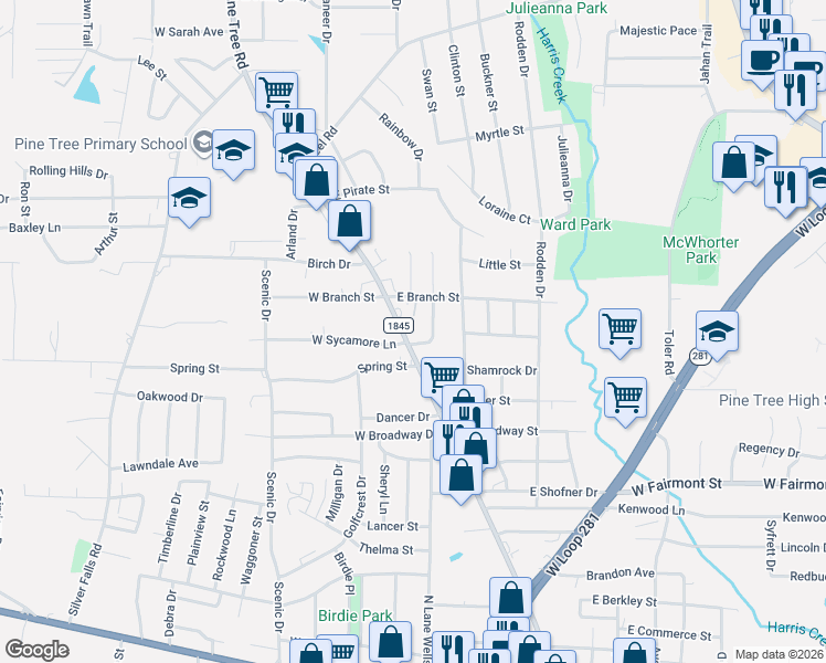 map of restaurants, bars, coffee shops, grocery stores, and more near 102 East Sycamore Lane in Longview