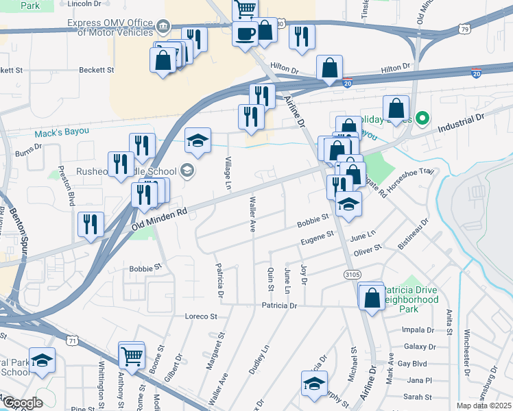 map of restaurants, bars, coffee shops, grocery stores, and more near 203 Waller Avenue in Bossier City