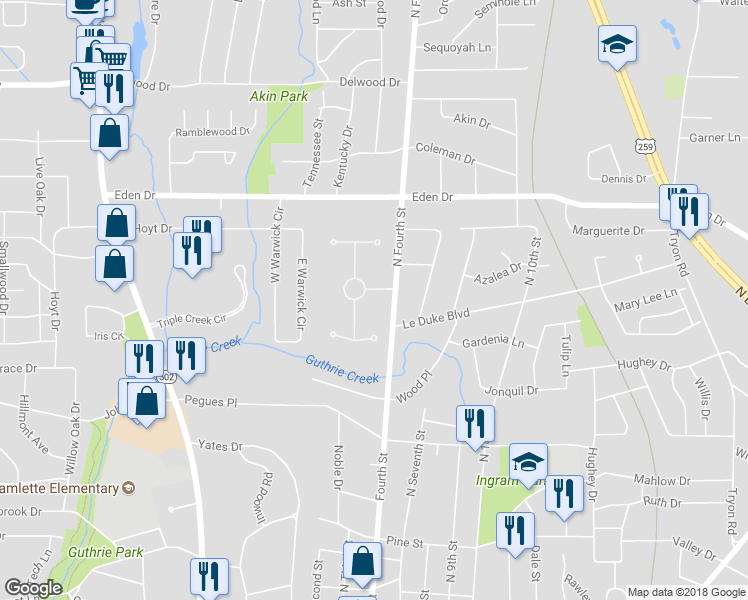 map of restaurants, bars, coffee shops, grocery stores, and more near 20 Thorntree in Longview