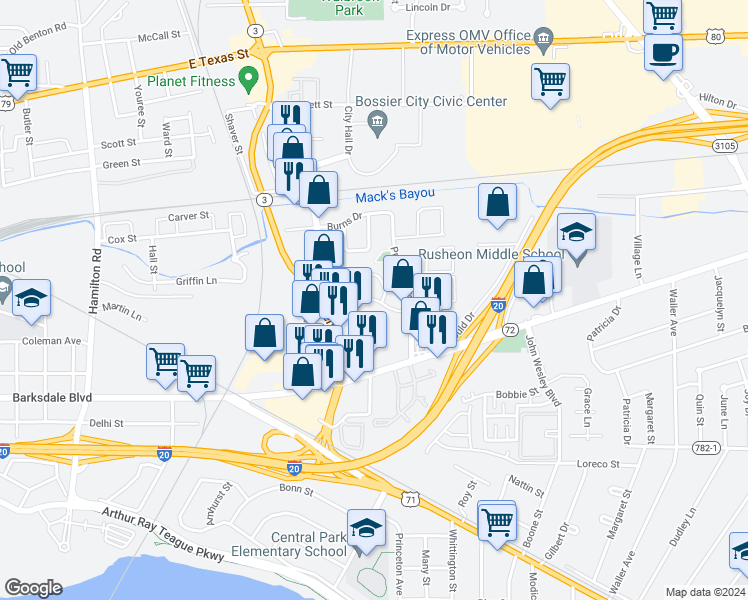 map of restaurants, bars, coffee shops, grocery stores, and more near 410 Plaza Circle in Bossier City