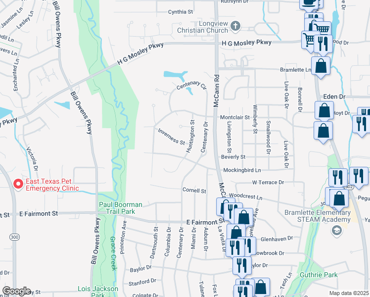 map of restaurants, bars, coffee shops, grocery stores, and more near 1703 Huntington Street in Longview