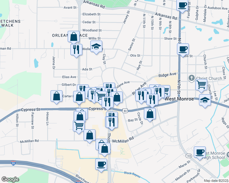 map of restaurants, bars, coffee shops, grocery stores, and more near 1210 Tulane Avenue in West Monroe