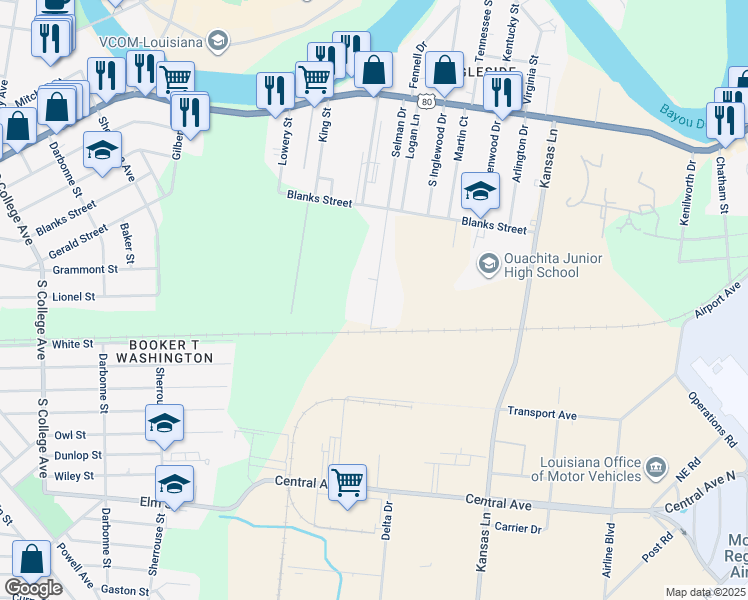 map of restaurants, bars, coffee shops, grocery stores, and more near 223 Selman Drive in Monroe