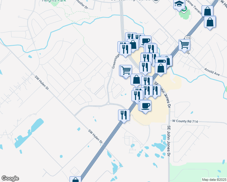 map of restaurants, bars, coffee shops, grocery stores, and more near 1633 Greenridge Drive in Burleson