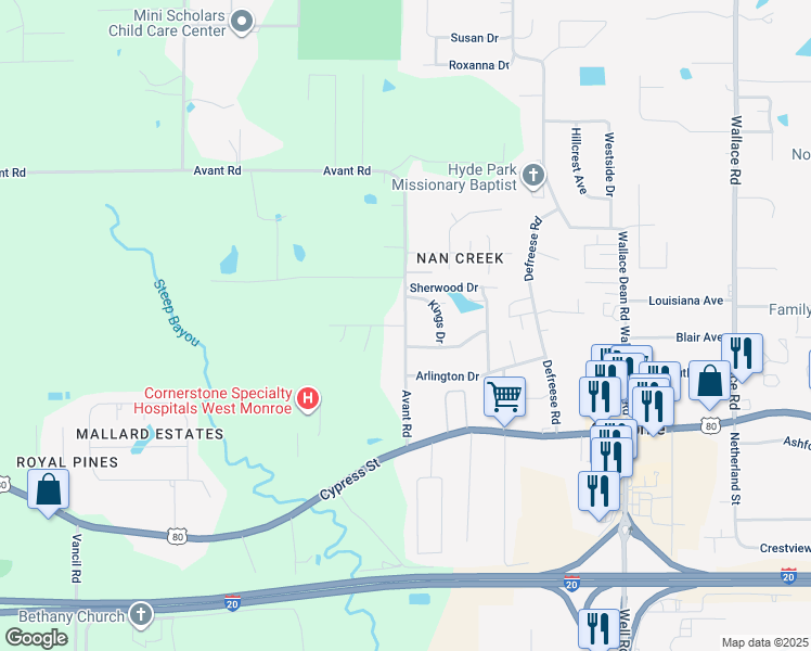 map of restaurants, bars, coffee shops, grocery stores, and more near 330-334 Avant Road in West Monroe