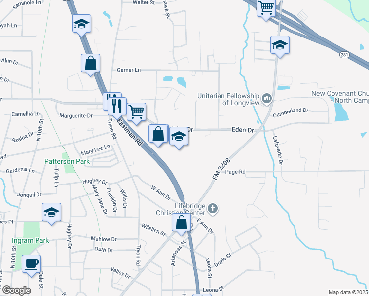 map of restaurants, bars, coffee shops, grocery stores, and more near 1644 North Eastman Road in Longview