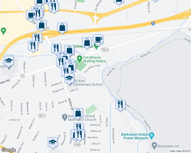 map of restaurants, bars, coffee shops, grocery stores, and more near 1704 Caney Lake Drive in Bossier City