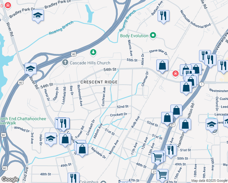 map of restaurants, bars, coffee shops, grocery stores, and more near 5237A Thomason Avenue in Columbus