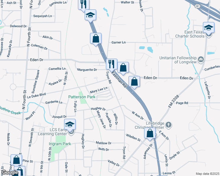 map of restaurants, bars, coffee shops, grocery stores, and more near 2210 Robbinwood Lane in Longview