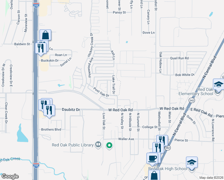 map of restaurants, bars, coffee shops, grocery stores, and more near 132 Chestnut Lane in Red Oak