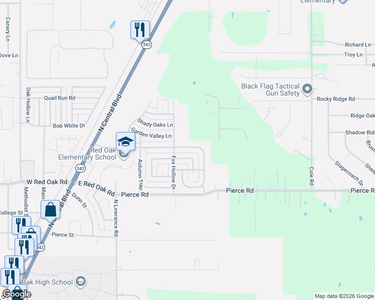 map of restaurants, bars, coffee shops, grocery stores, and more near 409 Ridge Drive in Red Oak