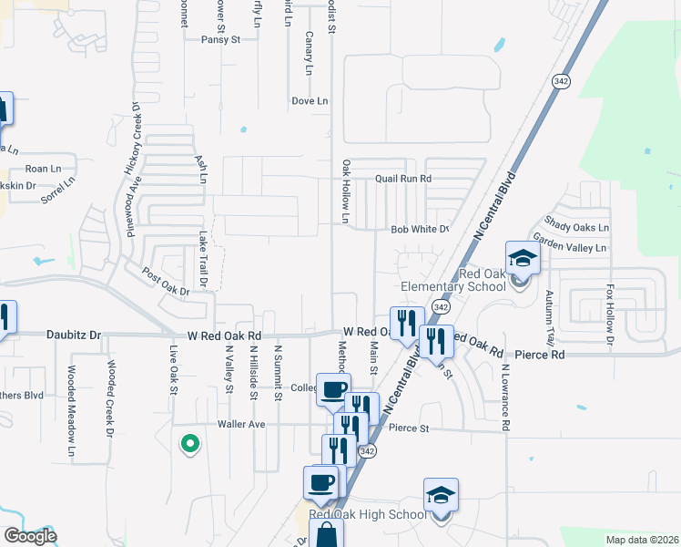 map of restaurants, bars, coffee shops, grocery stores, and more near 316 Methodist Street in Red Oak