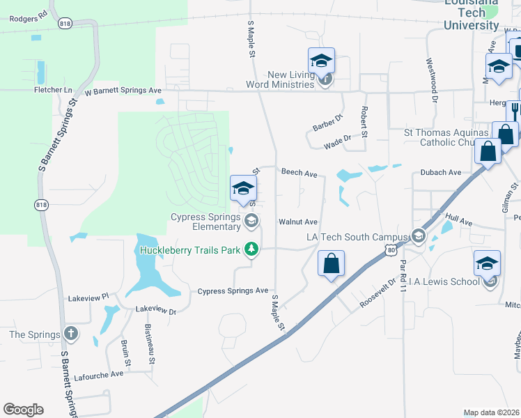 map of restaurants, bars, coffee shops, grocery stores, and more near 1007 Saratoga Street in Ruston