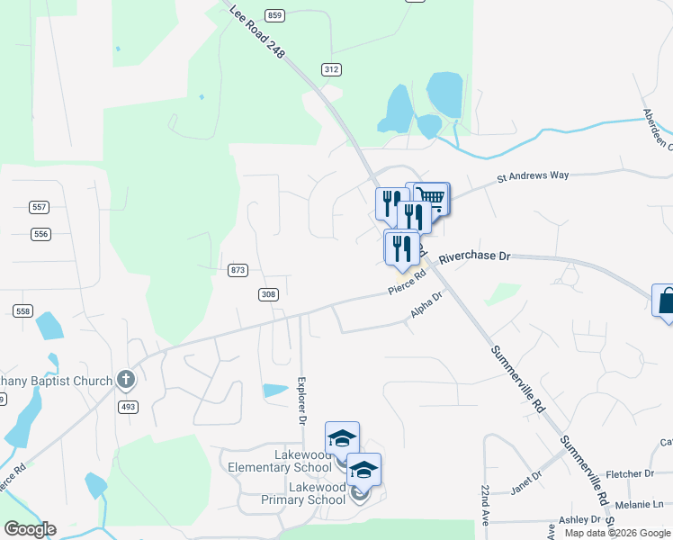 map of restaurants, bars, coffee shops, grocery stores, and more near 2133 Pierce Road in Phenix City